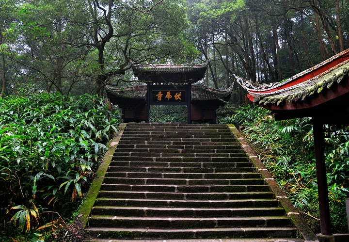 出了峨眉山车站,就有公交直达伏虎寺和报国寺,选择先游览伏虎寺.