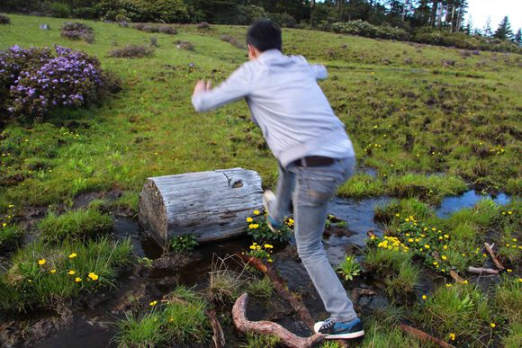 一不小心,一个小伙伴就咕噜一声,膝盖往下都陷阱了淤泥里.